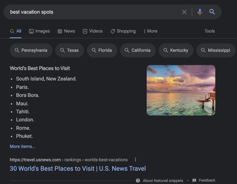 关键字 best vacation spots 的 Google SERP 结果